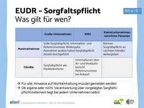 Darstellung als Tabelle, welche Risikominderungsmaßnahmen für wen bei der EUDR, EU-Verordnung über entwaldungsfreie Lieferketten, gelten